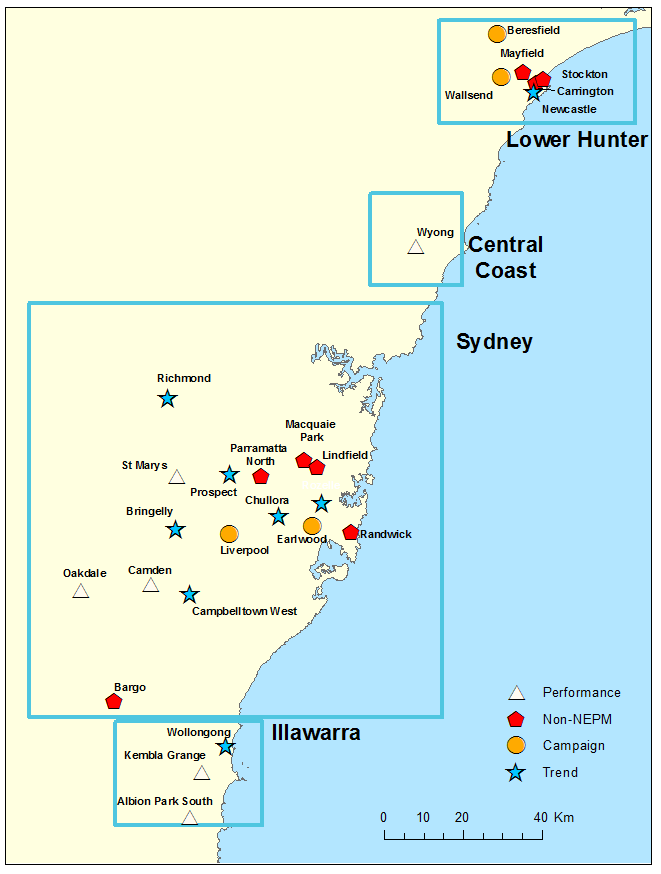 Close up of map showing locations of air monitoring stations in the lower Hunter region and Sydney GMR
