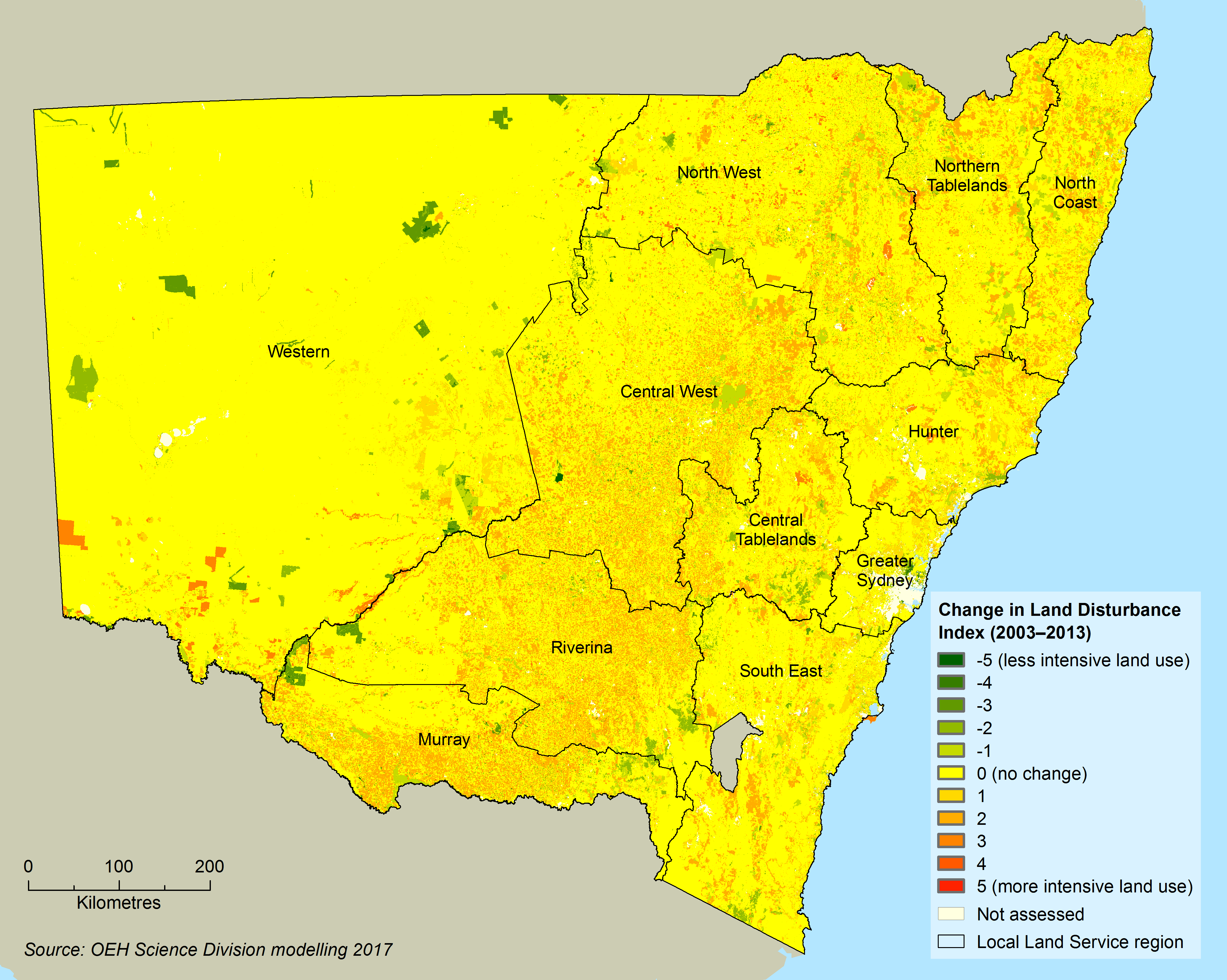 Map showing change in the land disturbance index over the last 10 years across NSW. Slight changes are evident in the central agricultural regions of NSW